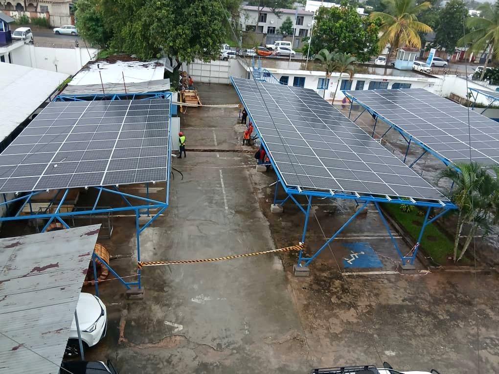 Solar carport installation aerial view