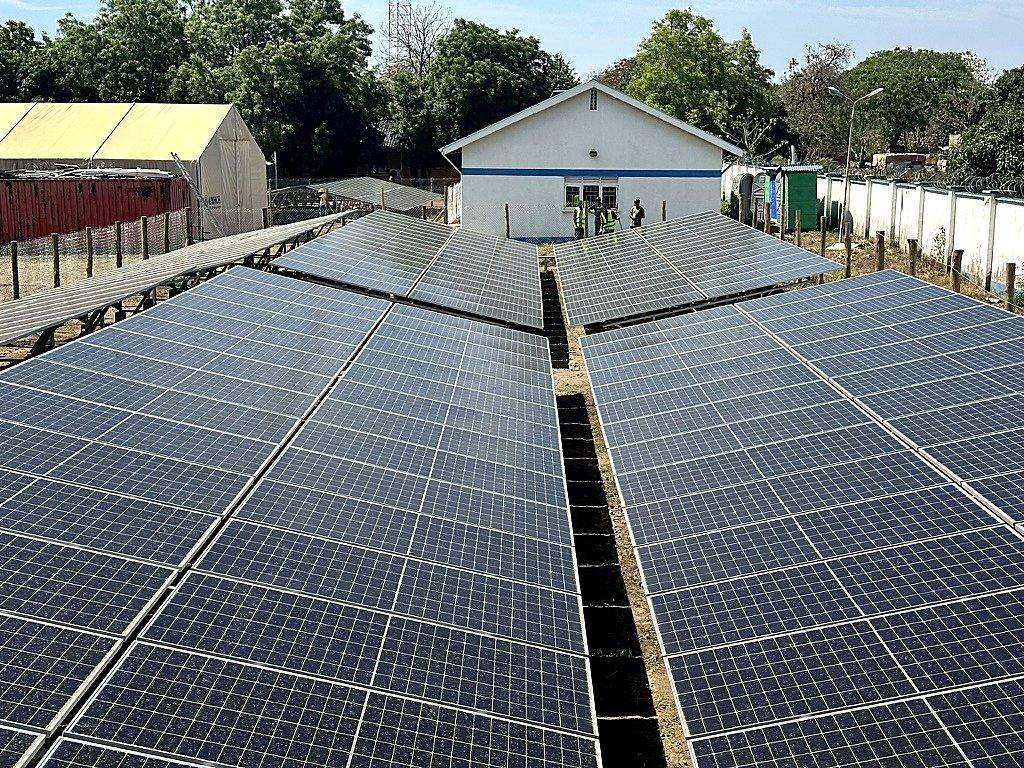 Aerial view of a completed utility-scale solar installation